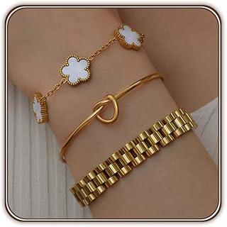 3PCS Gold Bracelet Set for Women – Tennis, Flower Clover, Love Knot & Watch Bracelet, 18K PVD Gold-Plated Stainless Steel, Non-Tarnish, Ideal Gift for Valentine’s Day or Christmas