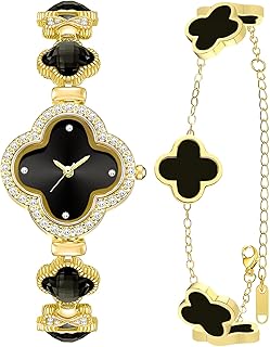 2 Pieces Women Gold Watch Bracelet Set Lucky Clover Bracelet Watch Jewelry Set 18K Gold Plated Wristwatch Flower Design Four Leaf Bracelets for Women