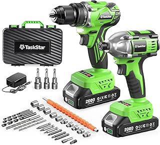Taskstar 21V Cordless Drill & Impact Driver Combo Kit, Brushless Power Tools with 2× 2.0Ah Batteries & Fast Charger, 42-Piece Accessory Kit with Carrying Case for DIY and Home Improvement