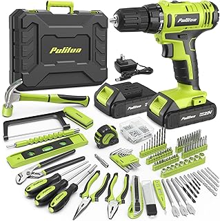 PULITUO 199-Piece Power Tool Set with 20V Cordless Drill Driver, Electric Screwdriver, 2 Batteries, Charger, LED Light and Toolbox, Home DIY Drill Set for Women and Men(Green)