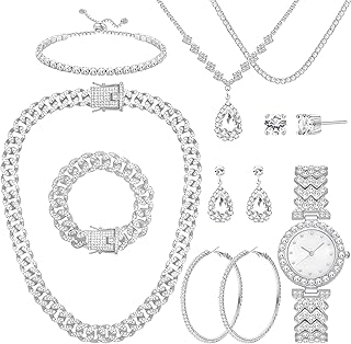 12 Pieces Silver Jewelry Set for Women Stainless Steel Cuban Link Necklaces Bracelets Earrings Watch Bling Cubic Zirconia Cuban Jewelry Set for Women Men