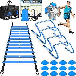 MUROZA Agility Ladder, Agility Speed Training Equipment Set, 20ft Speed Ladder, 12 Soccer Cones, 4 Hurdles, Jump Rope, Running Parachute, Soccer Football Basketball Training Equipment Accessories