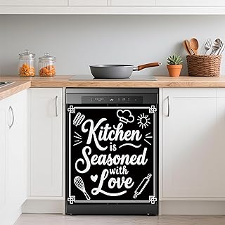 Black Kitchen Utensils Dishwasher Covers for The Front Magnetic,Kitchen is Seasoned with Love Refrigerator Magnets Decoration,Reusable Dishwasher Cover Panel for Home Kitchen Decor 23x26 Inch