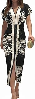 Summer Dresses for Women Floral Print Plunge V Neck Midi Dress Casual Ruched Slit Bodycon Party Dress