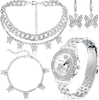 4 Pcs Butterfly Hip Hop Jewelry Set Butterfly Link Chains Bling Rhinestone Watch for Women Bling Crystal Diamond Necklace Bracelet Watch Sliver Earrings for Hip Hop Party Gifts