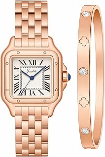 Gold Watch and Bracelet Set for Women, Vintage Roman Dial Quartz Watch with Matching Bangle, Adjustable Band, Jewelry Gift for Her