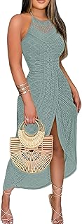 Womens Summer Halter Dress Hollow Out A Line Vacation Dresses with Eyelet Embroidery & Side Slit