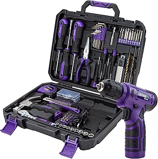 CARTMAN 150-Piece Household Tool Set, 8V Cordless Drill Driver Kit, Complete Hand Tool Kit for Home Maintenance, DIY Projects and Repairs, Purple