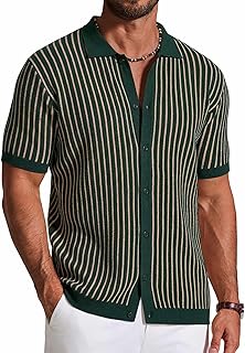 Mens Knit Button Down Shirts Short Sleeve Polo Shirt Vintage Striped Casual Shirts
