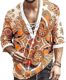 Men's Fashion Shirt Short Sleeve Beach V-Neck Drawstring Printing Yoga African Summer Top