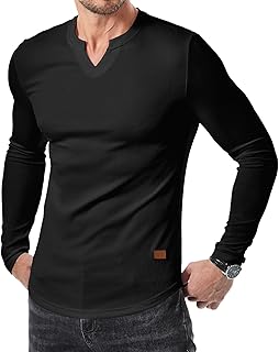 Mens Long Sleeve Muscle T Shirts Casual V-Neck Longline Ribbed Tee Shirts