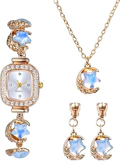 Women's Watch Jewelry Set: Fashion Small Square Dial Analog Quartz Bracelet Watch Imitation Moonstone Moon Star Earrings Necklace Set for Ladies Women