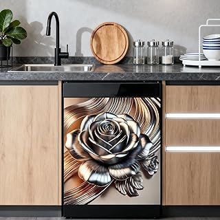 Nuxovilar Dishwasher Magnets Decorative Cover 23x26Inches PVC Magnetic Dishwasher Cover Panel Luxurious Kitchen Appliance Decoration Home Office (Metallic Silver Rose with Gold Swirls 3D Art Design)