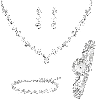 5 Pieces Crystal Silver Jewelry Set for Women Watch Necklace Bracelet Earrings Bling Cubic Zirconia Wedding Jewelry Sets for Brides Bridesmaid Prom Costume Accessories
