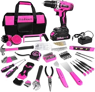 ThinkLearn Tool Kit with 20V Cordless Drill(265in-lbs), Pink Drill Set for Women, Lady's Home Tool Kit for DIY, Daily Repair Tool Set as a Creative Gift with a Large-Capacity Tool Storage Bag