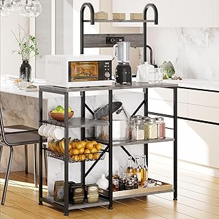 Shintenchi Kitchen Bakers Rack with Power Outlet, Multifunctional Organizer & Storage with 6 Hooks, Microwave Oven Stand, and Coffee Station Shelf, Grey