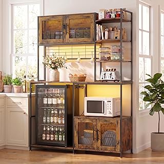 Loomie Bakers Rack with Power Outlet and LED Light, 71" Tall Kitchen Microwave Stand with Fridge Space, Farmhouse Coffee Bar Cabinet with Mesh Doors, Kitchen Shelves with Hooks (Rustic Brown)