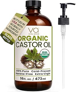 VITAL AFFAIR Organic Castor Oil 16 oz - Cold Pressed, Hexane Free & Unrefined Glass Bottle for Pack Wrap Routine, Hair Growth, Skincare, Face & Nails