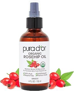 PURA D'OR 4 Oz ORGANIC Rosehip Seed Oil 100% Pure Cold Pressed USDA Certified Anti-Aging-Youthful Look-Vitamin A & C Rich-Helps Fade Appearance of Scars & Stretch Marks-Ayurvedic Hair Care, Face, Body