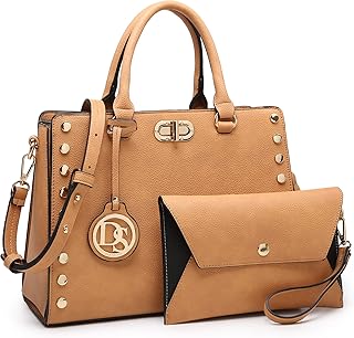 Women Medium Satchel Handbag Work Tote Shoulder Bag Top Handle Purse with Matching Clutch 2pcs Set