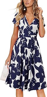 Casual Summer Dress for Women Wrap V Neck A Line Midi Dresses with Pockets