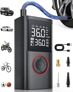 Powools Tire Inflator Portable Air Compressor, 150 PSI Cordless Bike Pump, Air Pump for Auto, Motorcycle, Bicycle, Balls with Pressure Gauge, LED Light & Car Accessories, Black, Large Capacity
