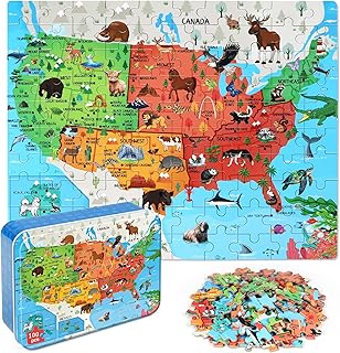 LELEMON Puzzles for Kids Ages 4-6,Animal Map 100 Piece Puzzles for Kids Ages 4-8 in a Metal Box, Educational Jigsaw Puzzles 100 Piece Puzzle Games Puzzle Toys for Girls and Boys