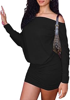 Womens Off Shoulder Batwing Long Lantern Sleeve Draped Bodycon Mini Dress Sexy Ruched Party Dresses for Date Night