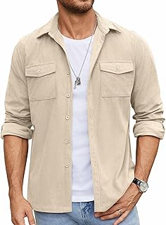 Men's Button Down Waffle Shirt Jacket Casual Long Sleeve Shacket Lightweight Overshirts with Flap Pockets