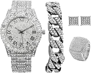 Bling-ed Out It's Lit! Hip Hop Watch & Jewerly Set w/Cuban Chain Bracelet, Kite Bling Earrings & Ring - GJM13