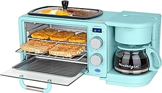Nostalgia 3-in-1 Retro Breakfast Station - Includes 5 (4 Oz) Cup Coffee Maker, Non-Stick Ceramic Griddle, and 4-Slice Toaster Oven - Built-In Timer, Reusable Coffee Filter, Space-Saving Design - Aqua