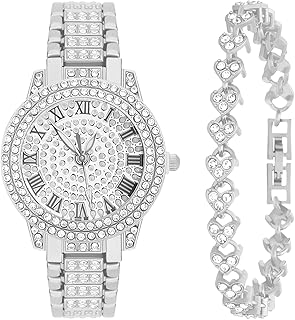 2 Pieces Women Diamond Watch Bracelet Set Luxury Fashion Jewelry Cubic Zirconia Wristwatch Bracelet Gold Watch Jewelry Set for Women