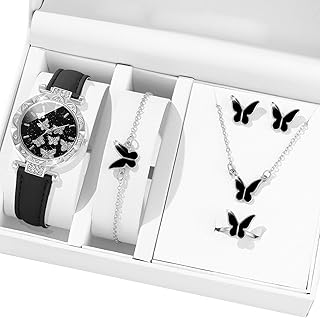 BLACKNANA 6pcs/Set Luxury Watch Women Rings Necklace Earrings Bracelet Set Butterfly Leather Strap Watches Lady Wristwatch