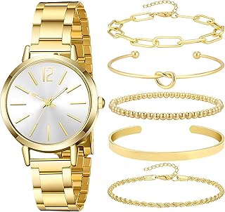 6 Pieces Women Gold Watch Bracelets Set Fashion Costume Jewelry Gold Plated Round Wristwatch Stackable Bangle Bracelet Watch Jewelry Set for Women
