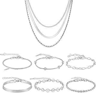 18K Gold Plated Necklace Bracelet Set Womens Stackable Adjustable Stainless Steel Minimalist Modern Everyday Jewelry Gift Gold and Silver