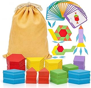 LovesTown 209 PCS Shapes Wooden Pattern Blocks for Kids, Geometric with Activity Cards and Storage Bag, Educational Tangram Puzzles,Great Learning Gift from Parents or Teachers