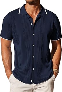 Men's Knit Button Down Shirt Vintage Short Sleeve Polo Shirts Casual Beach Tops