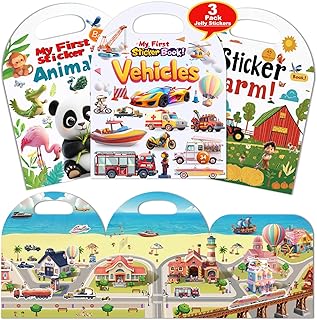 3-Pack Reusable Sticker Books for Toddlers 2-4 Years, Vehicles Truck, Animals & Farm Jelly Activity Stickers for Boys Girls Road Trip Airplane Train Travel Essentials Toy for Kids Birthday Gifts