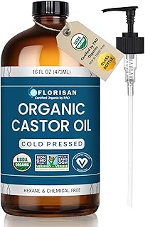 Florisan USDA Certified Organic Castor Oil 16oz Glass Bottle, Cold Pressed, Hexane-Free, Non-GMO, Vegan, 100% Pure Castor Oil for Hair Growth, Skin, Lashes, Eyebrows, EWG Verified