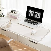 Scalloped Desk Mat, 31.5" x 15.7" Large Cute Aesthetic Desk Accessories, PU Leather Computer Laptop Desk Mouse Keyboard Pad, Desk Writing Mat for Vanity/Work/Home Decor (Beige, 31.5" x 15.7")