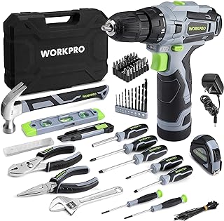 WORKPRO Home Tool Kit with Power Drill, 108PCS Power Home Tool Set with 12V 1.5 Ah Battery Powered Screwdriver and Tool Box, Electric Cordless Drill Set with Keyless Chuck and Variable Speed Trigger