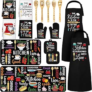 Bencailor 17 Pcs Farmhouse Kitchen Decor and Accessories Black Kitchen Sets Rug and Mat Oven Mitts and Pot Holders Apron Dish Towels Cute Wooden Spoons for Holiday Decoration Home Housewarming Gifts