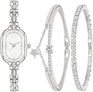 3 Pieces Women Diamond Watch Bracelets Set Luxury Fashion Jewelry Cubic Zirconia Wristwatch Bracelet Silver Watch Jewelry Set for Women