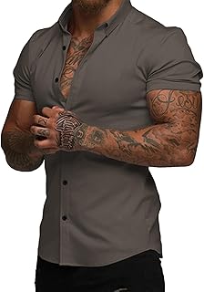 Men's Muscle Fit High Stretch Wrinkle-Free Button Down Dress Shirts Summer Casual Short Sleeve Shirt