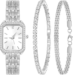 3 Pieces Women Gold Watch Bracelets Set Fashion Costume Jewelry Stainless Steel Gold Plated Square Wristwatch Diamond Bangle Bracelet Watch Jewelry Set for Women