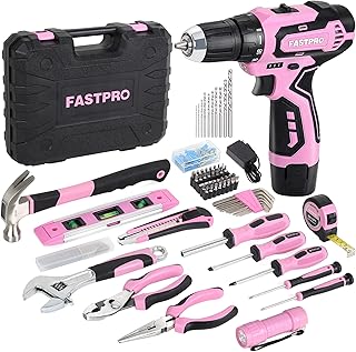 FASTPRO 160-Piece Pink Tool Set with 12V Cordless Drill Driver, Lady's Home Repairing Tool Kit with Drill in Storage Case, For DIY, Home Maintenance