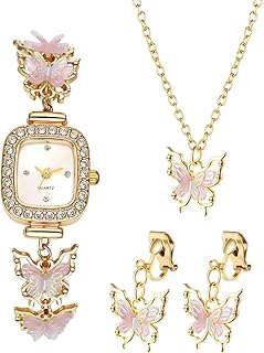 Women's Square Watch Set: Quartz Analog Butterfly Themed Link Bangle Wristwatch Fashion Rhinestone Casual Dress Bracelet Watches for Daily Working Parties Summer Mother's Day