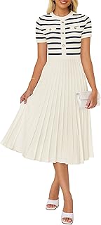 Women's 2026 Casual Striped Midi Dress Crewneck Short Sleeve Button Ribbed Knit Swing Pleated A Line Dresses