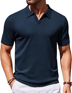Men's V Neck Short Sleeve Stretch Knit Polo Shirt