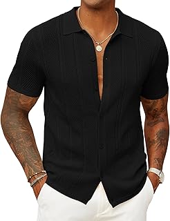 Mens Knit Button Down Shirts Casual Textured Polo Shirt Short Sleeve Vintage Summer Beach Tops